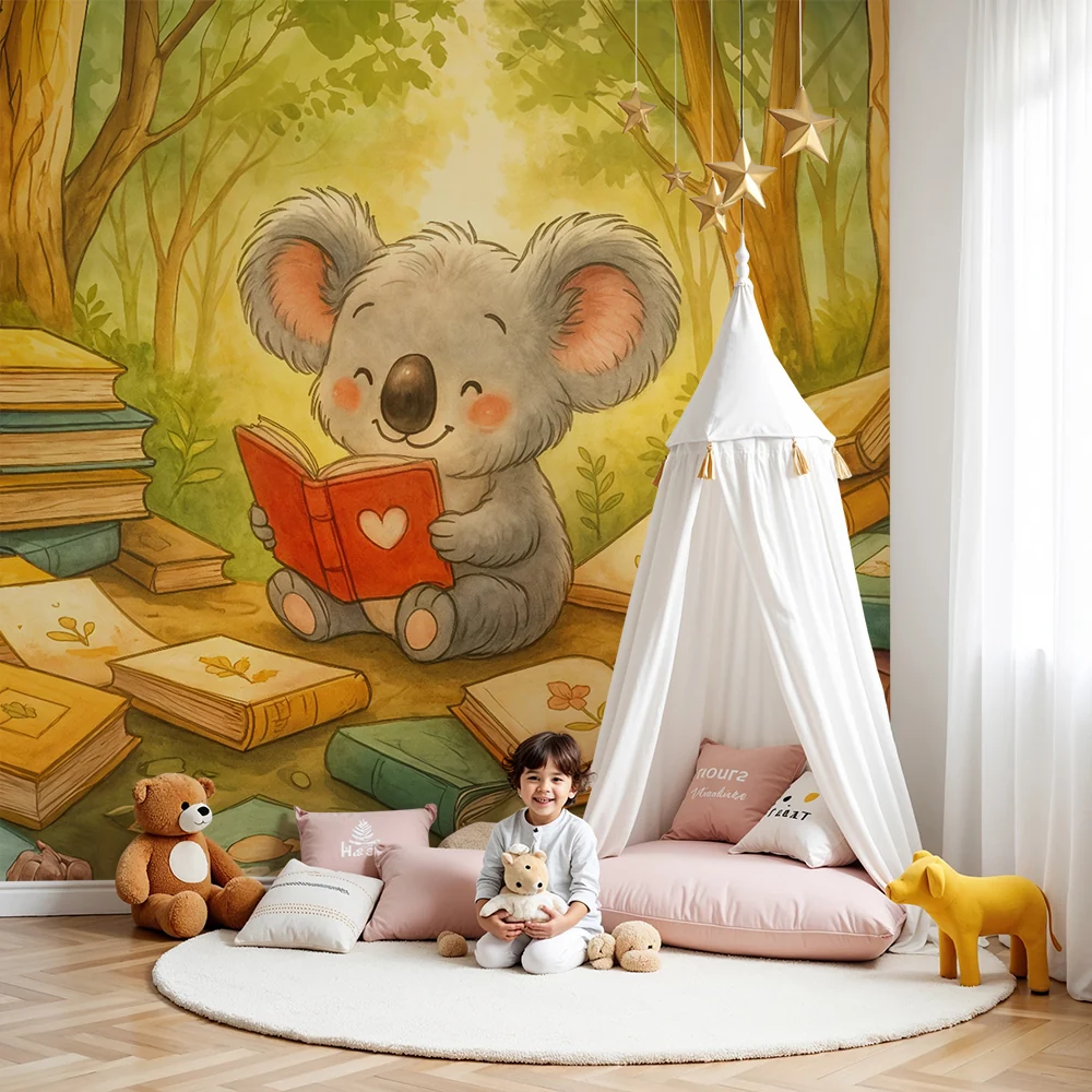 Tapeta Koala Lecteur | Czarująca atmosfera dla pokoju dziecięcego