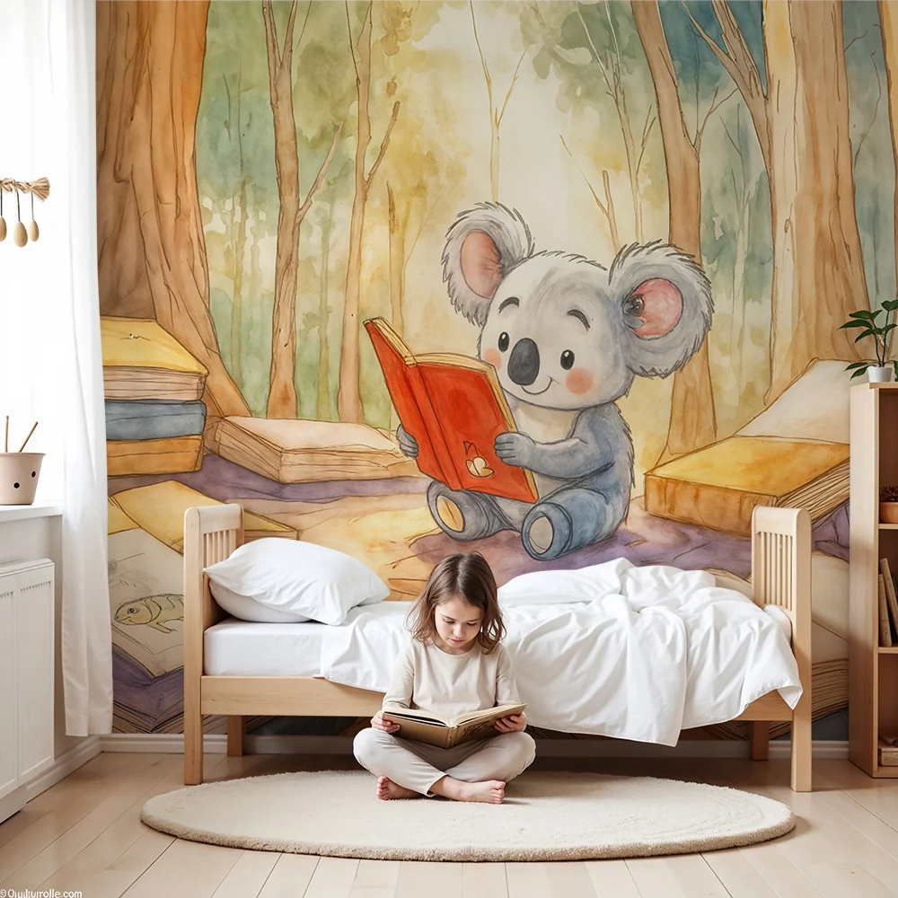 Tapeta Koala Reader | Ilustracja dziecięca w lesie