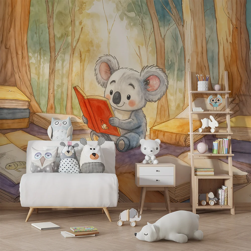 Tapeta Koala Reader | Ilustracja dziecięca w lesie