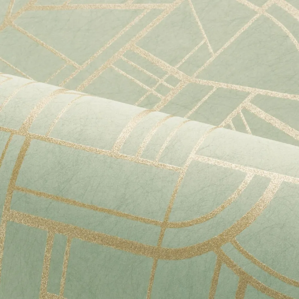 Tapeta metaliczna z geometrycznym wzorem CINÉTIQUE - VERT D'EAU/DORÉ morski zielony ze złotym