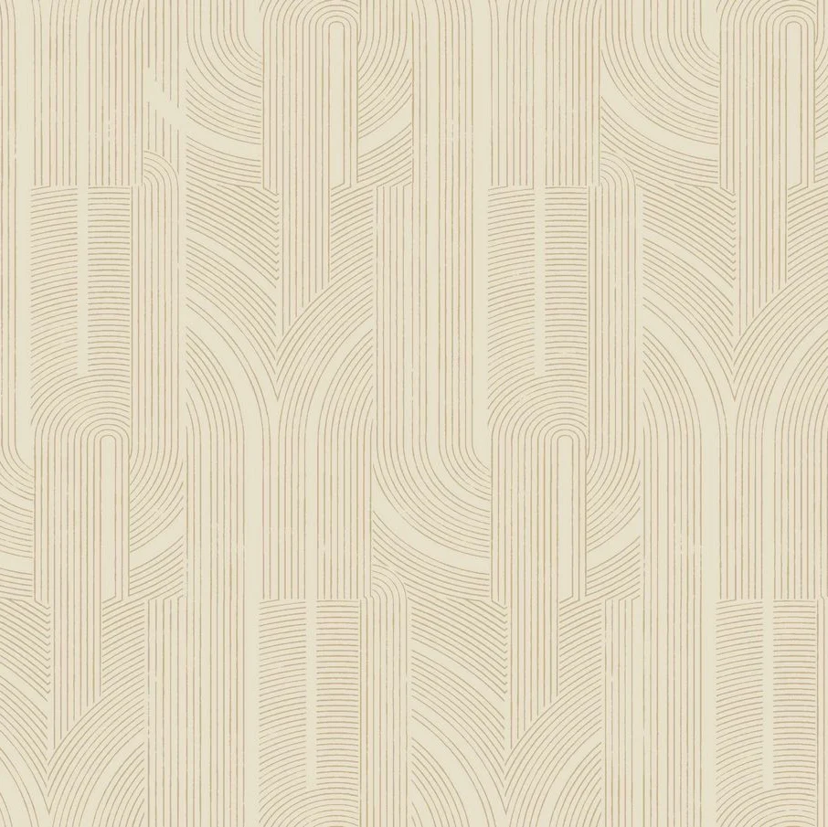 Tapeta metaliczna z geometrycznym wzorem w linie PORTE DORÉE - SABLE/DORÉ beżowy ze złotym