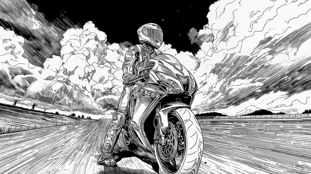 Tapeta motocyklowa | dynamiczna scena w czarno-białym odcieniu