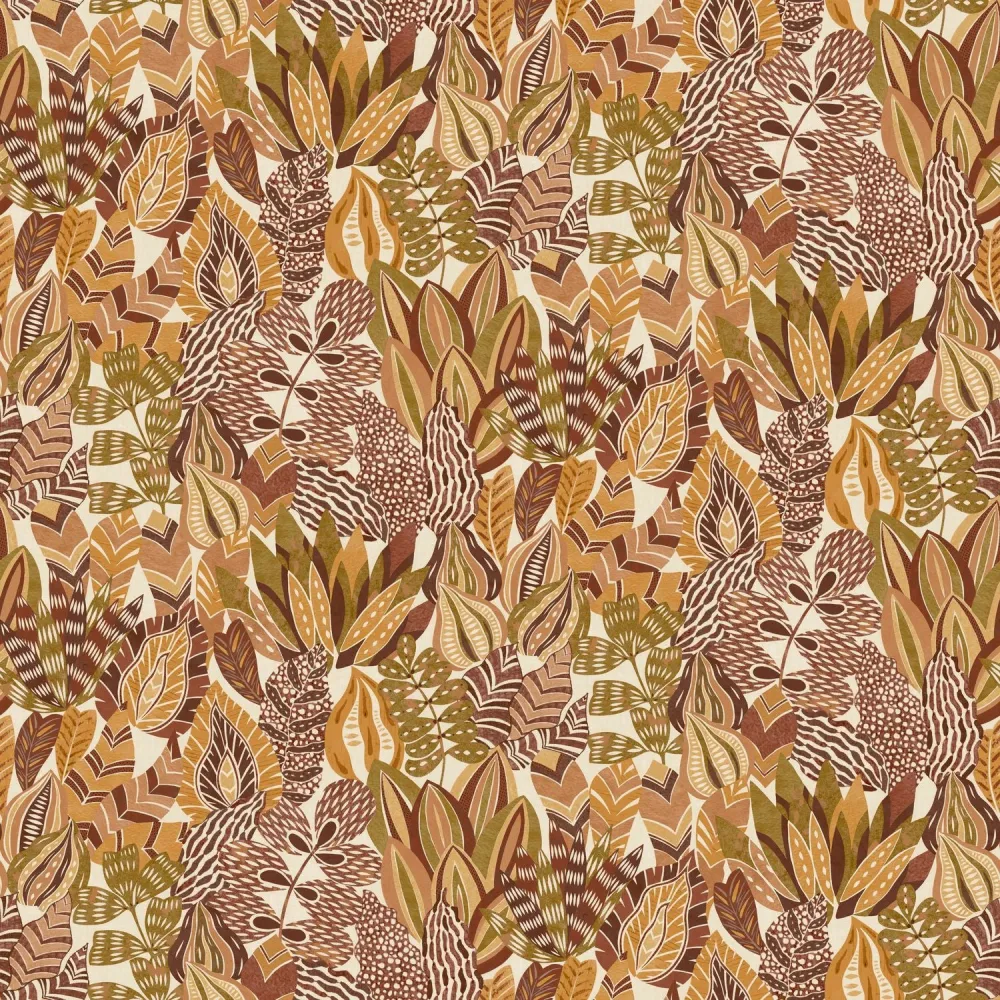 Tapeta z motywem roślinnym liści ALFABIA - TERRACOTTA/CURRY terakota z żółtym