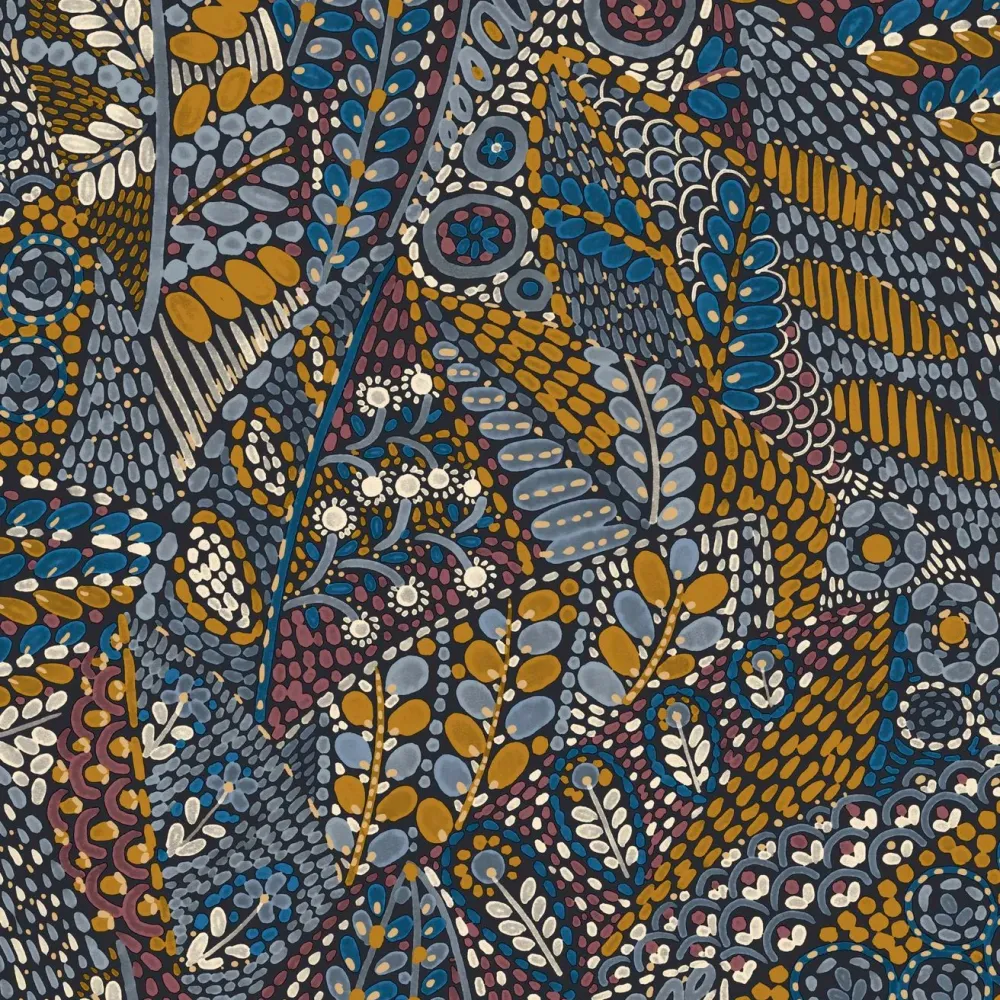 Tapeta z motywem roślinnym liści TALAVERA - MARINE OCLE niebieski z pomarańczowym