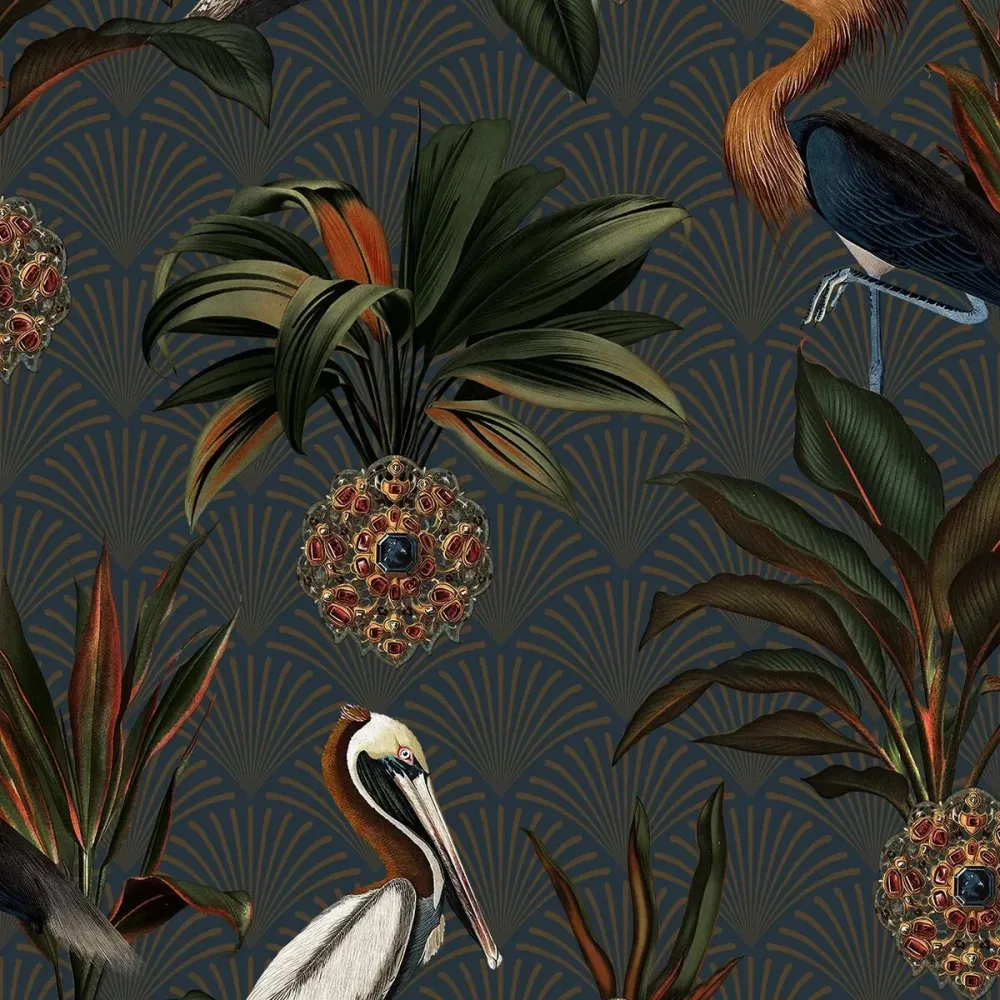 Tapeta z motywem zwierzęcym ptaków SAPPHIRE BIRDS ciemnozielony