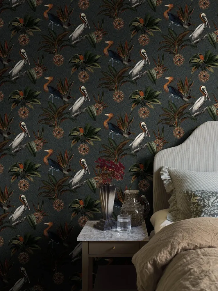 Tapeta z motywem zwierzęcym ptaków SAPPHIRE BIRDS ciemnozielony