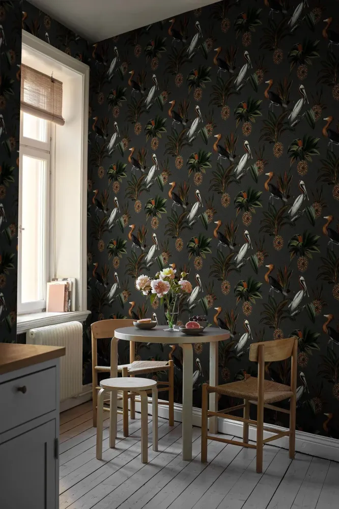 Tapeta z motywem zwierzęcym ptaków SAPPHIRE BIRDS ciemnozielony