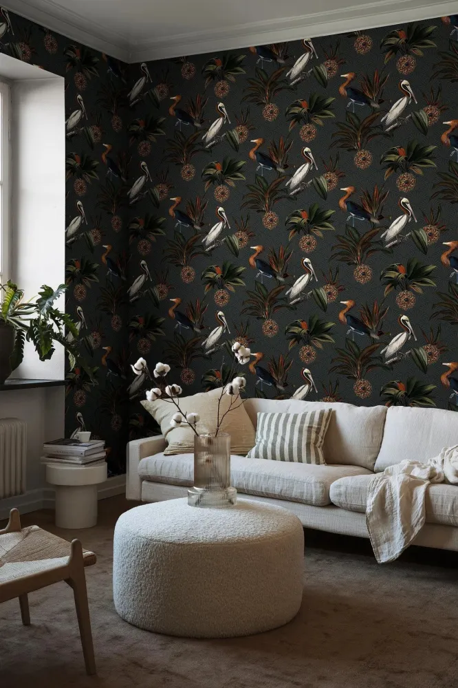Tapeta z motywem zwierzęcym ptaków SAPPHIRE BIRDS ciemnozielony
