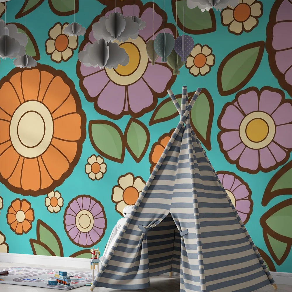 Tapeta do pokoju dziecięcego | Kolorowe kwiaty na turkusowym tle
