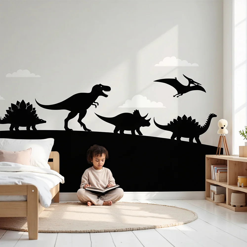 Tapeta do pokoju dziecięcego | Sylwetki dinozaurów na chmurach