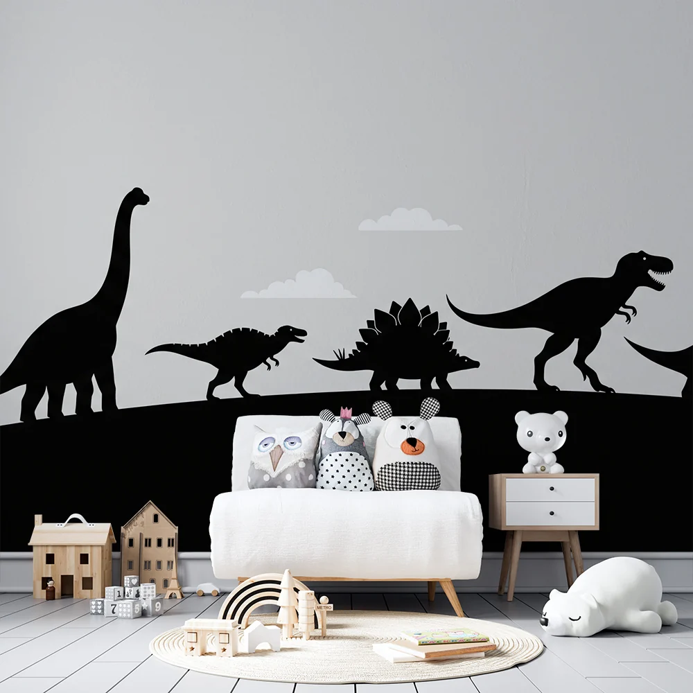 Tapeta do pokoju dziecięcego | Sylwetki dinozaurów na chmurach
