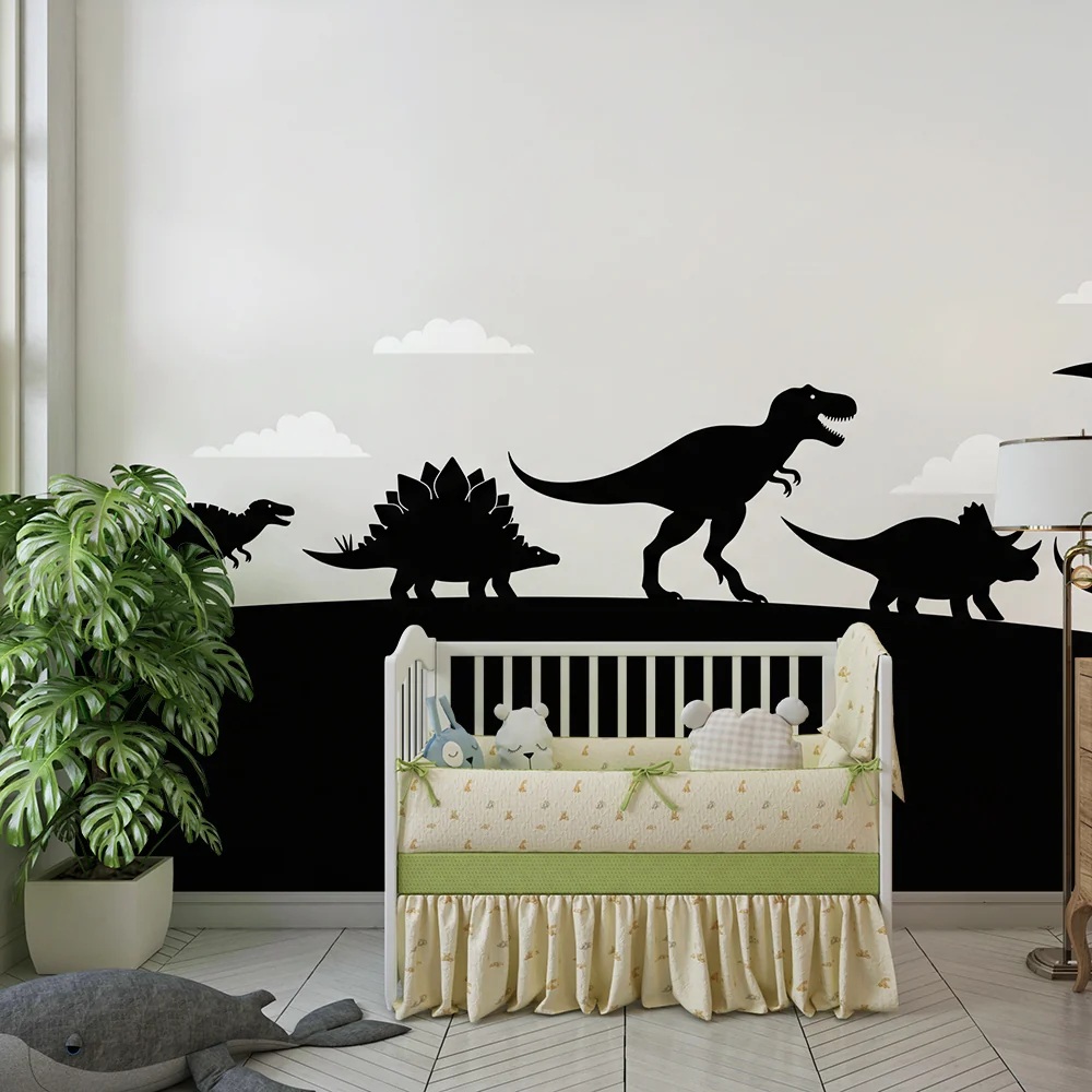 Tapeta do pokoju dziecięcego | Sylwetki dinozaurów na chmurach