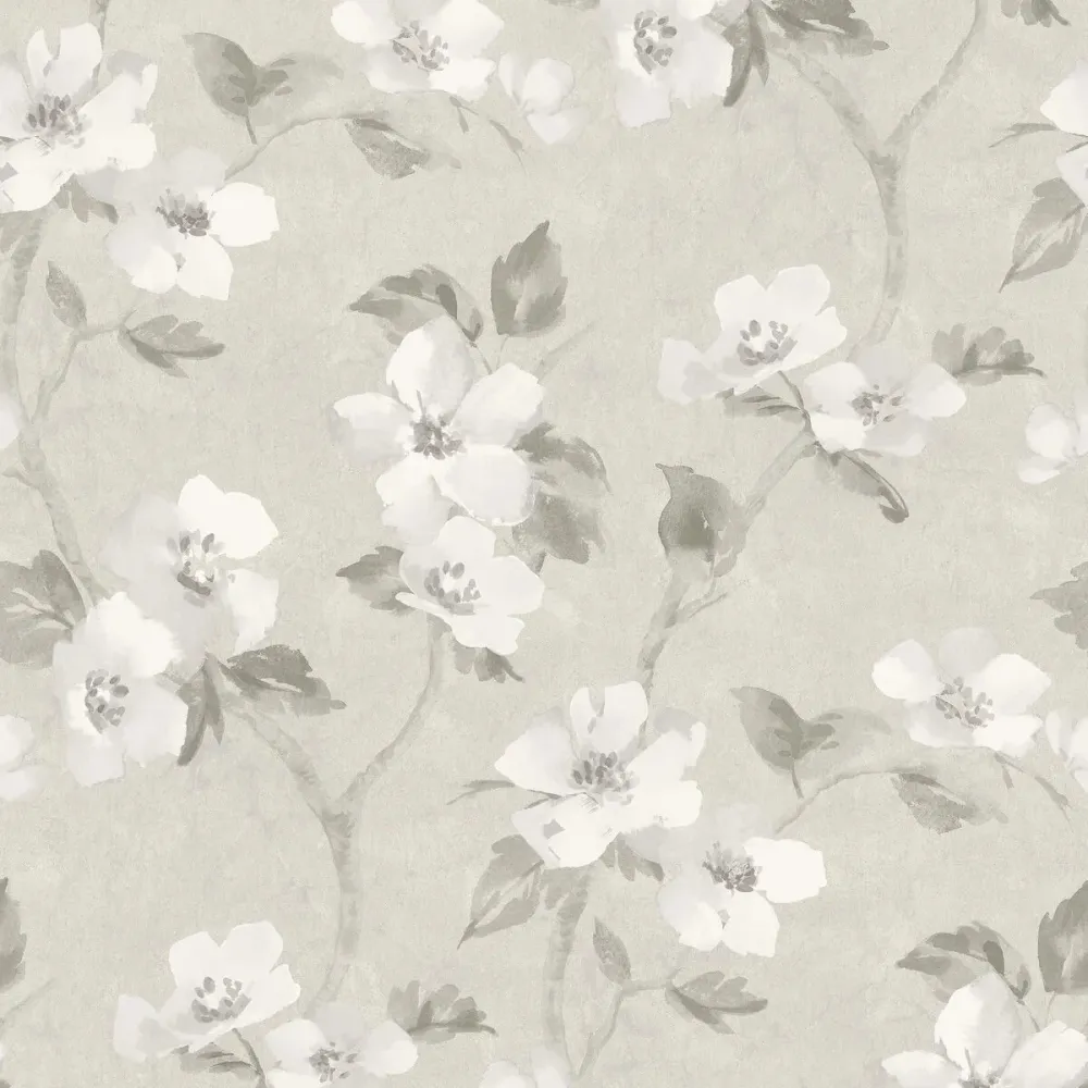 Tapeta z roślinnym wzorem kwiatów HELEN’S FLOWER szarobeżowy z białym