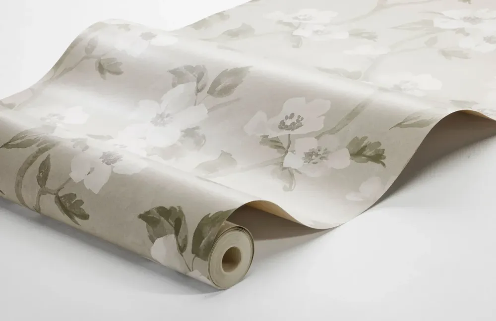 Tapeta z roślinnym wzorem kwiatów HELEN’S FLOWER szarobeżowy z białym