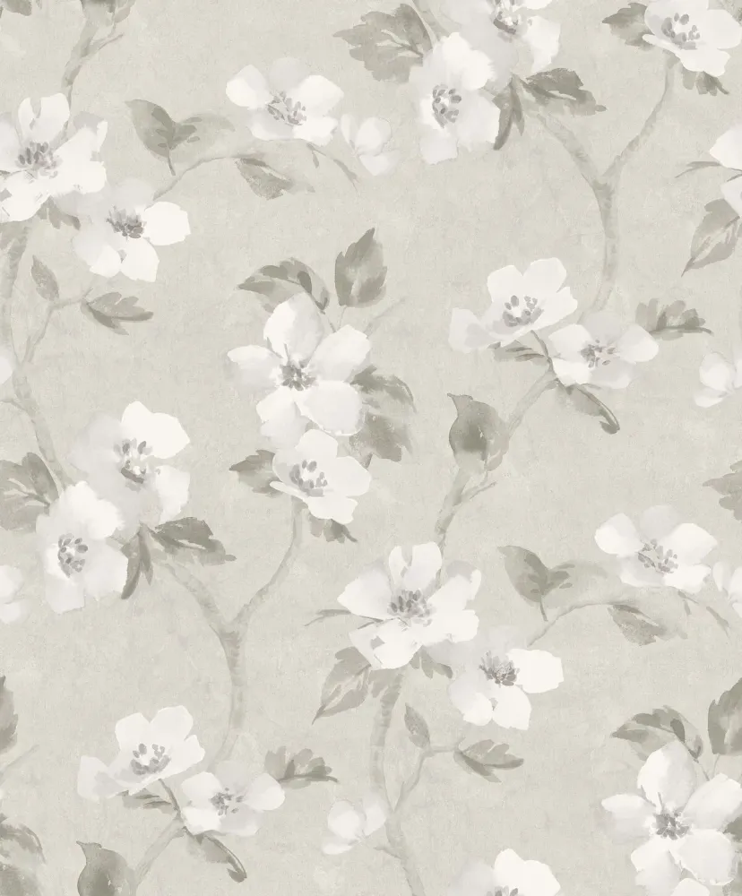 Tapeta z roślinnym wzorem kwiatów HELEN’S FLOWER szarobeżowy z białym