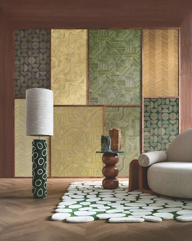 Tapeta strukturalna imitująca drewno geometryczna z wzorem mozaiki INTARSIA - KAKI zielony