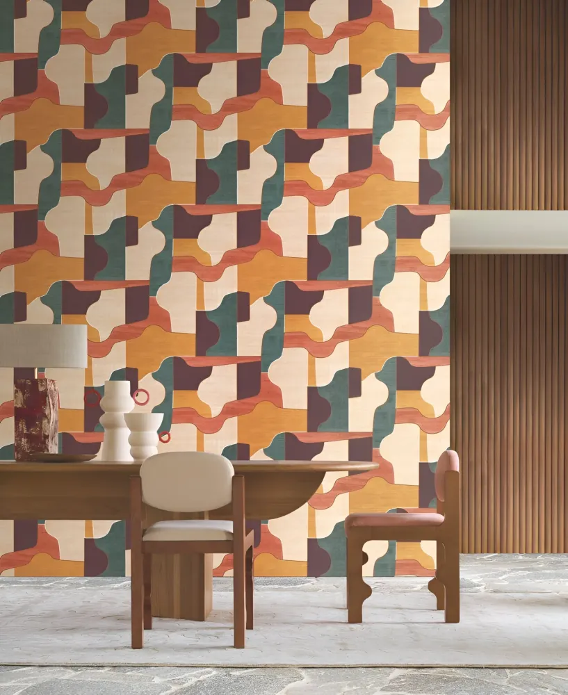 Tapeta strukturalna imitująca drewno z geometrycznym wzorem MODERNISMO - BLUSH/VANILLE pomarańczowy