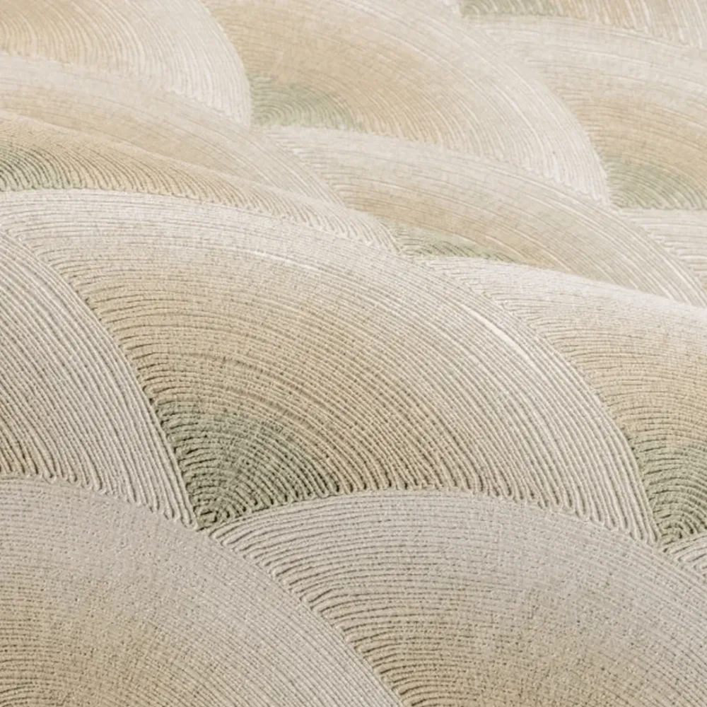 Tapeta strukturalna imitująca haft geometryczna w fale NAMI - SABLE/EUCALYPTUS piaskowy beż z zielonym