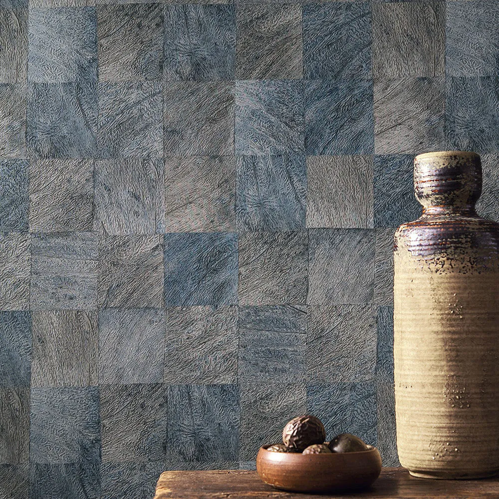 Tapeta strukturalna z motywem geometrycznym imitująca drewno ABALE - OPALINE zgaszony niebieski