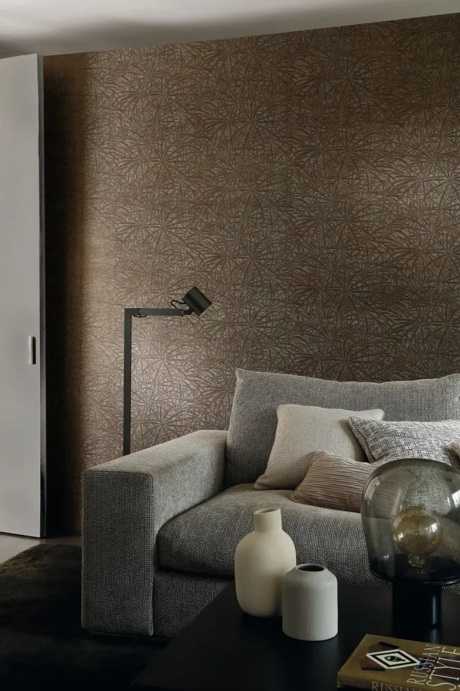 Tapeta strukturalna z motywem roślinnym liści palm PALMYRE - GRIS TAUPE taupe z szarym