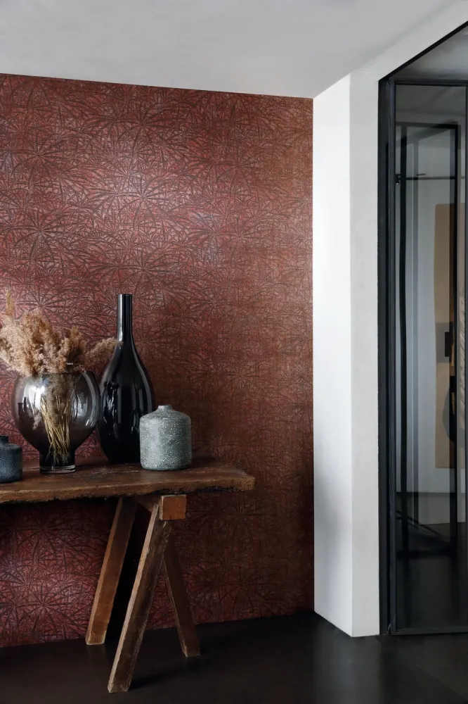 Tapeta strukturalna z motywem roślinnym liści palm PALMYRE - TERRACOTTA terakota