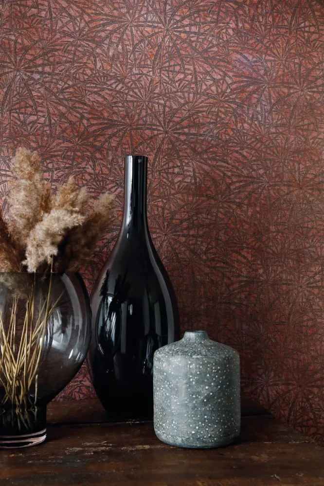 Tapeta strukturalna z motywem roślinnym liści palm PALMYRE - TERRACOTTA terakota