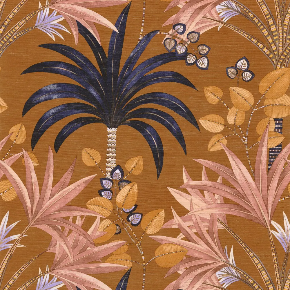Tapeta strukturalna z motywem roślinnym palm MIRISSA - AMBRE/BLUSH bursztynowy z różowym
