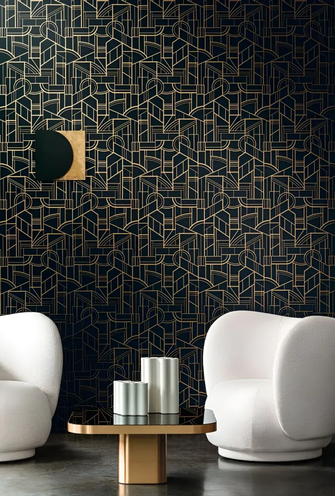 Tapeta tekstylna metaliczna z motywem geometrycznym art deco REIMS - CÉLADON seledynowy ze złotym