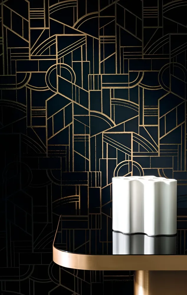 Tapeta tekstylna metaliczna z motywem geometrycznym art deco REIMS - CÉLADON seledynowy ze złotym