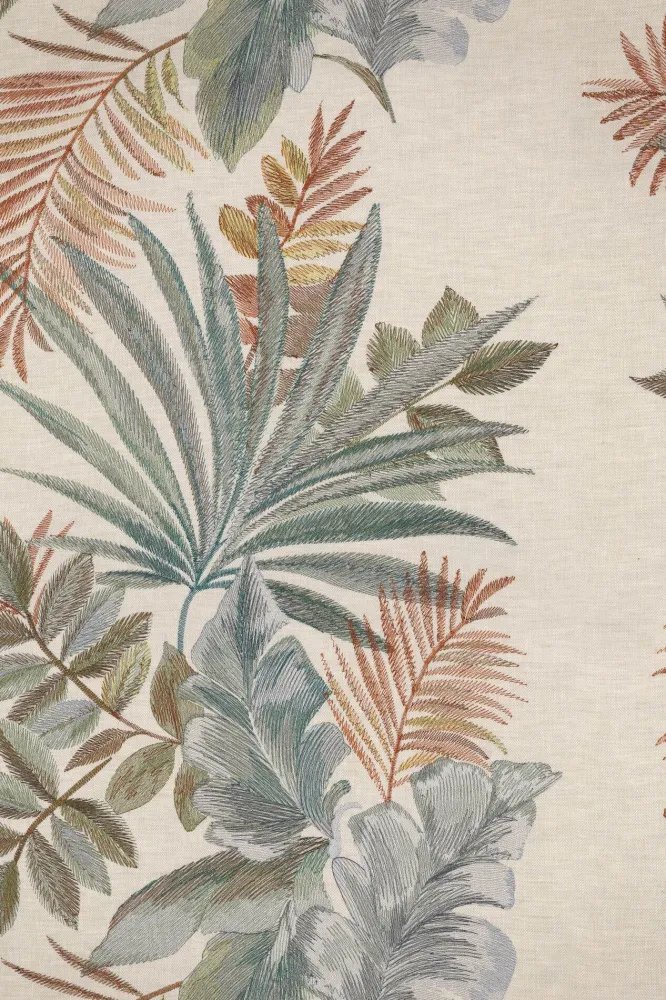 Tapeta tekstylna z motywem roślinnym liści JARDIN EPHEMERE - TERRE DE SIENNE zgaszony róż z zielonym