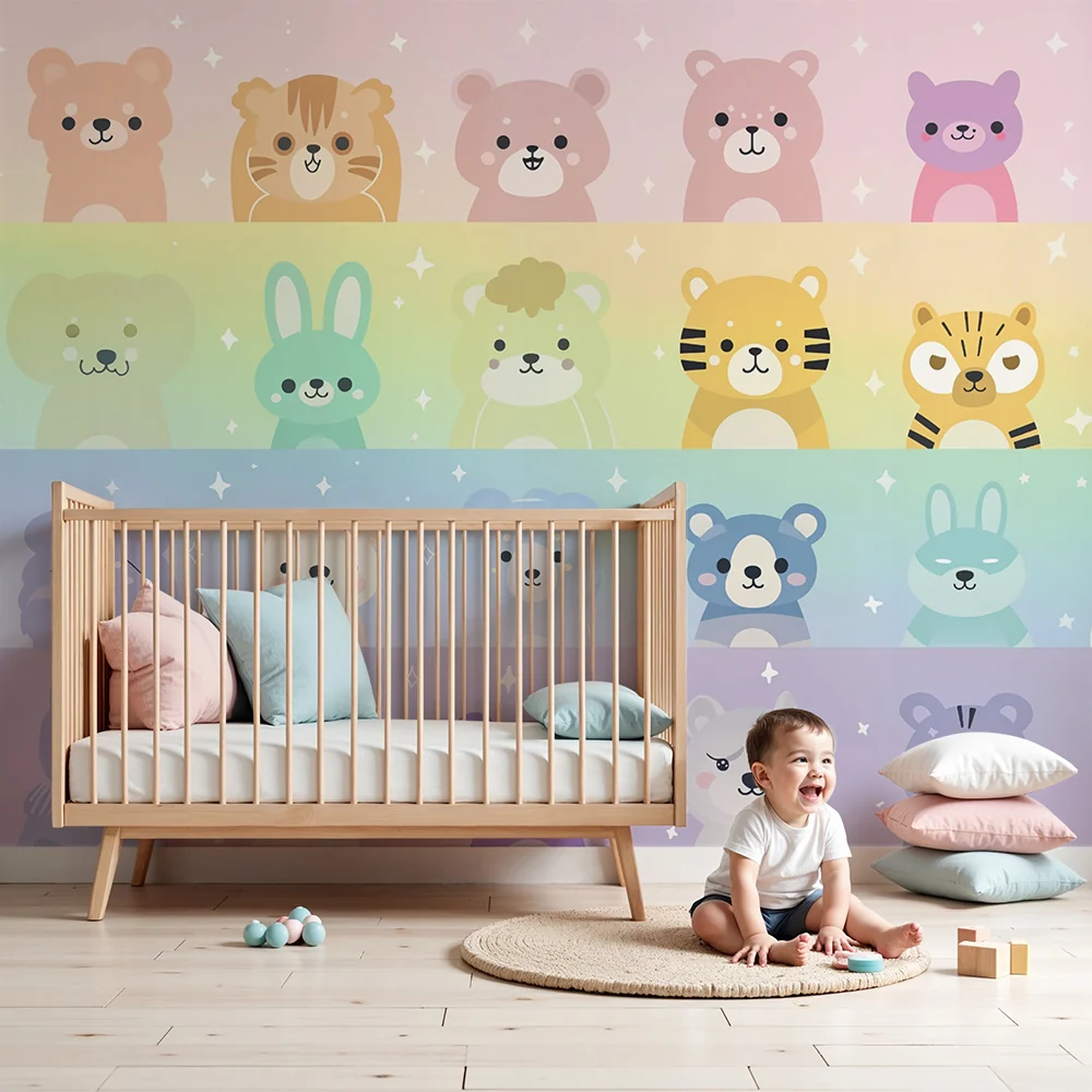 Tapeta z uroczymi zwierzątkami | Pastelowy design tęczy