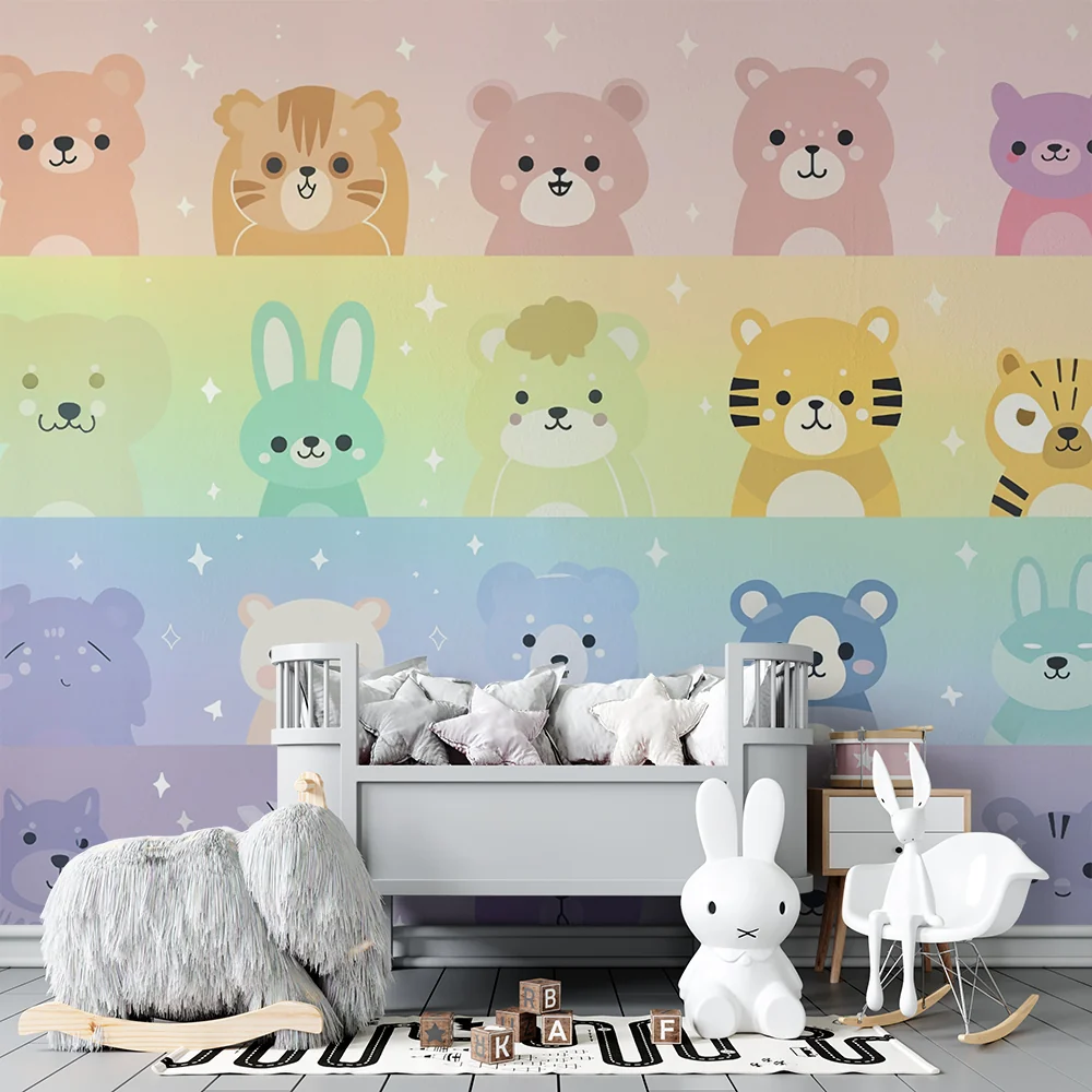 Tapeta z uroczymi zwierzątkami | Pastelowy design tęczy