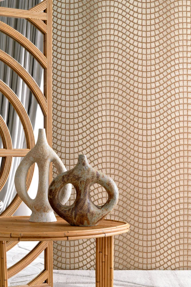 Tapeta z włókna roślinnego z geometrycznym wzorem ONSEN - BEIGE NATUREL beżowy