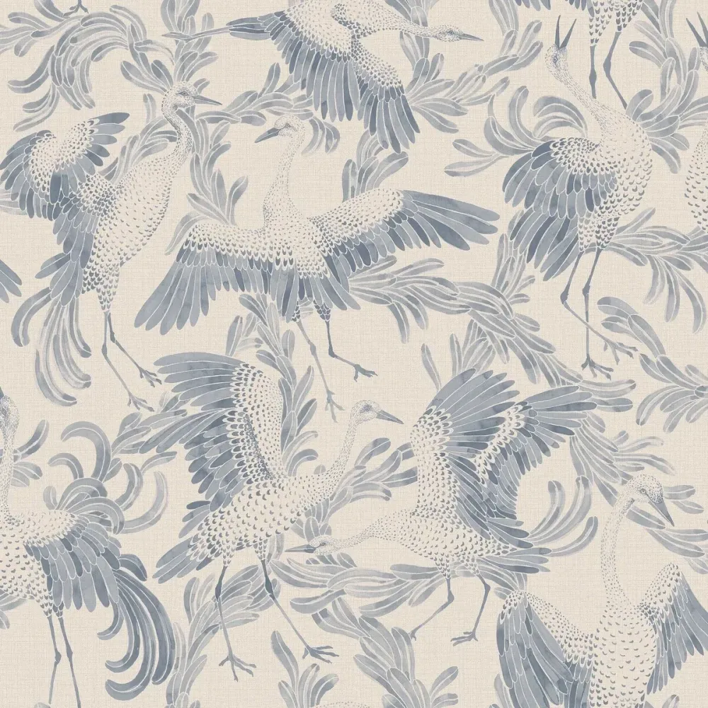 Tapeta z zwierzęcym motywem ptaków DANCING CRANE kremowy z niebieskim