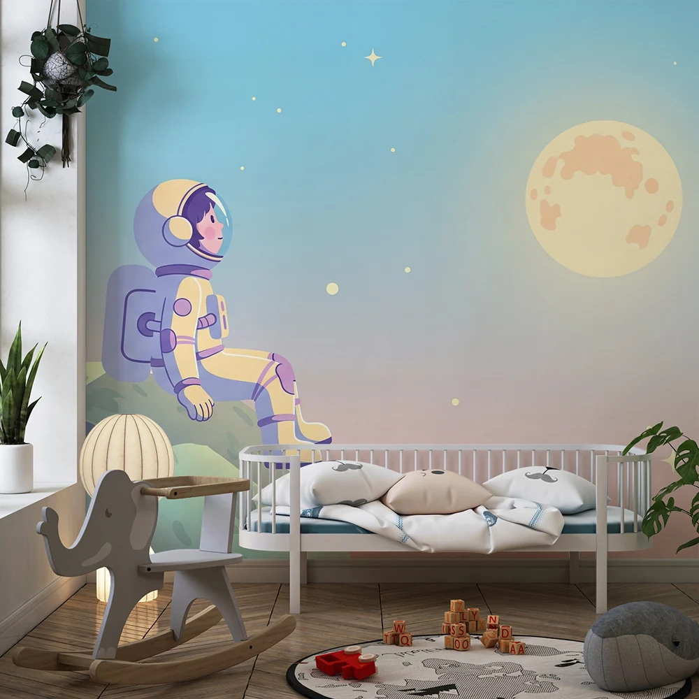 Tapety dla dzieci | Astronauta patrzący na księżyc na tle gwiaździstego nieba