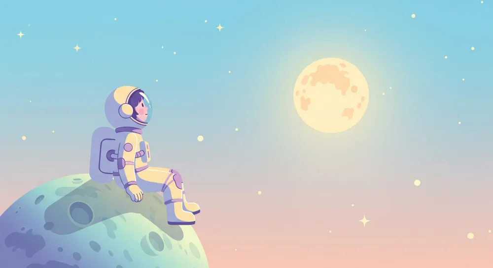 Tapety dla dzieci | Astronauta patrzący na księżyc na tle gwiaździstego nieba