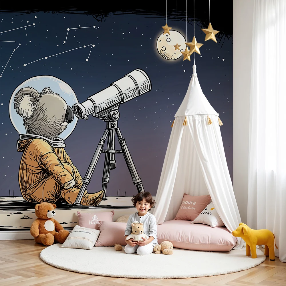Tapety dla dzieci | Astronauta-koala obserwująca gwiazdy przez teleskop