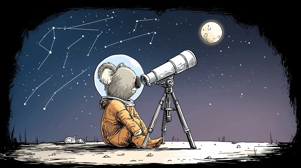 Tapety dla dzieci | Astronauta-koala obserwująca gwiazdy przez teleskop
