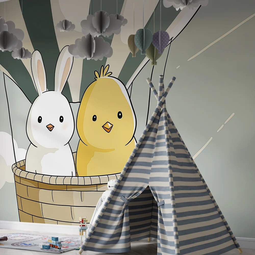 Tapety dla dzieci | Balon z królikiem i kurczakiem