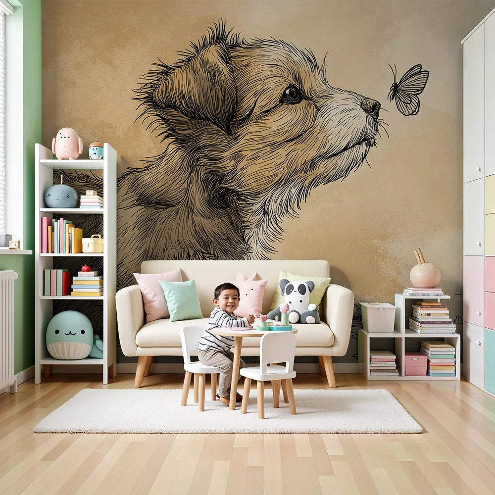 Tapety dla dzieci | Ciekawe szczeniak i motyl w delikatnym otoczeniu