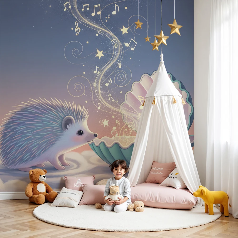 Tapety dla dzieci | Ciekawy jeż i magiczna muszla na gwiaździstym niebie