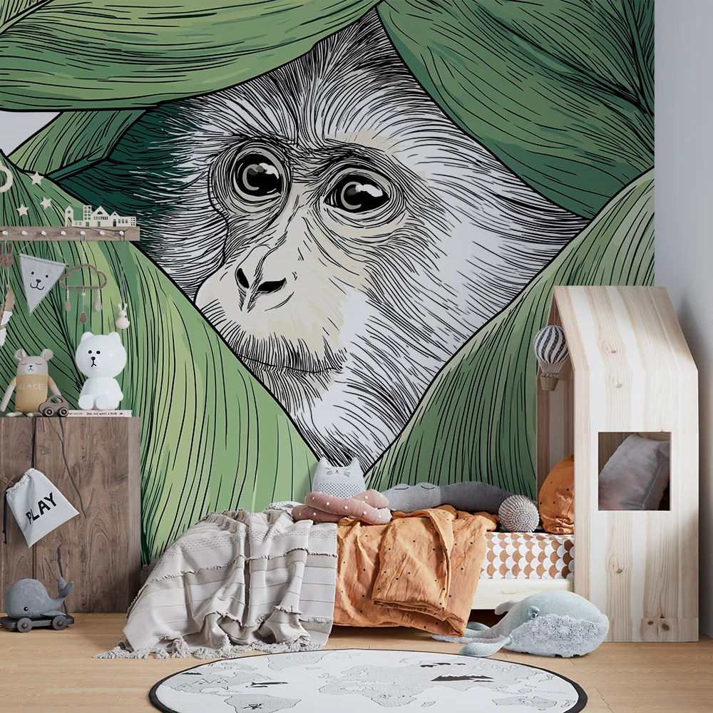 Tapety dla dzieci | Ciekawy małpka ukryty w bujnych liściach
