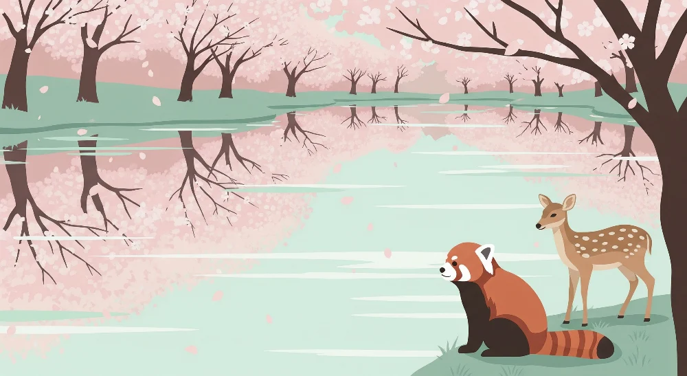 Tapety dla dzieci | Czerwona panda i sarna nad kwitnącym jeziorem