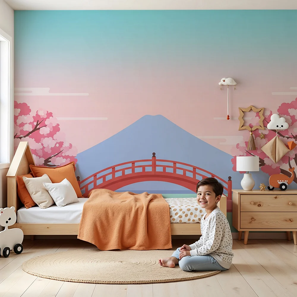 Tapety dla dzieci | Czerwony most i kwitnące wiśnie z Mont Fuji