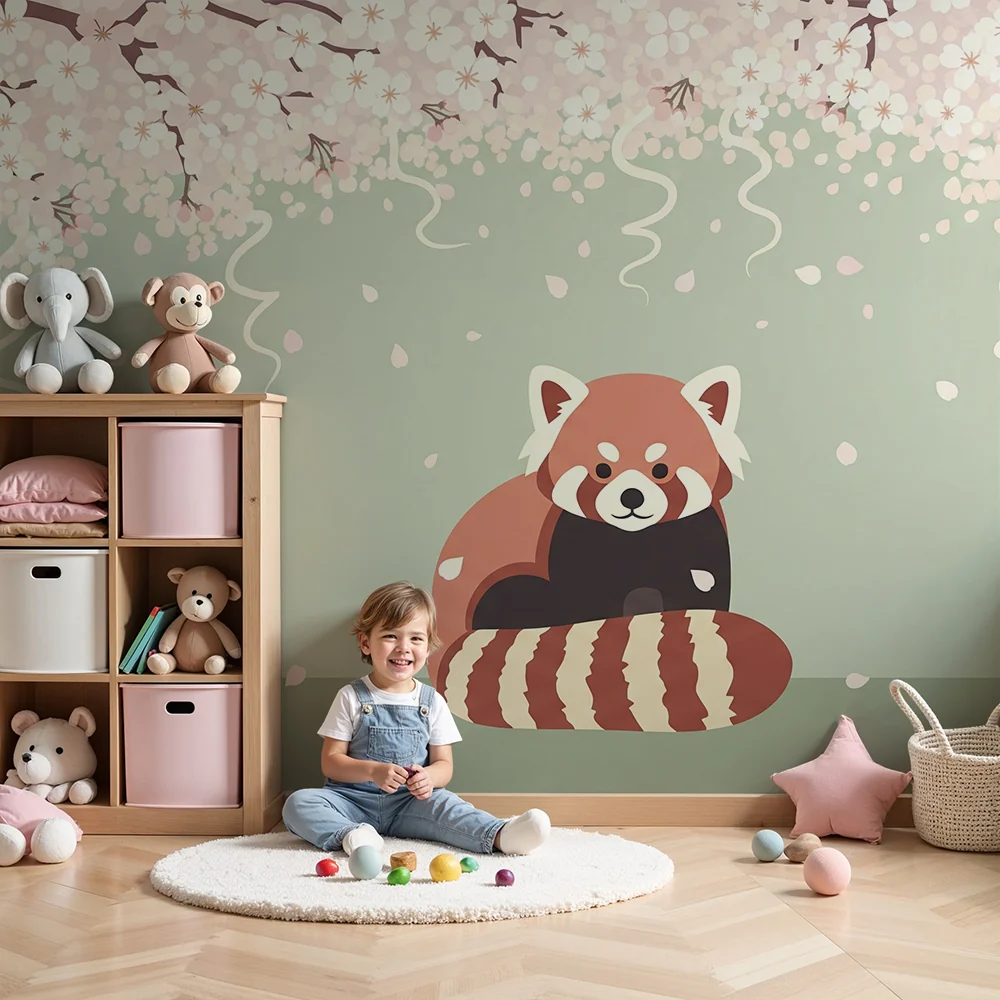 Tapety dla dzieci | Czerwony panda pod kwitnącą wiśnią na tle szałwiizielonym
