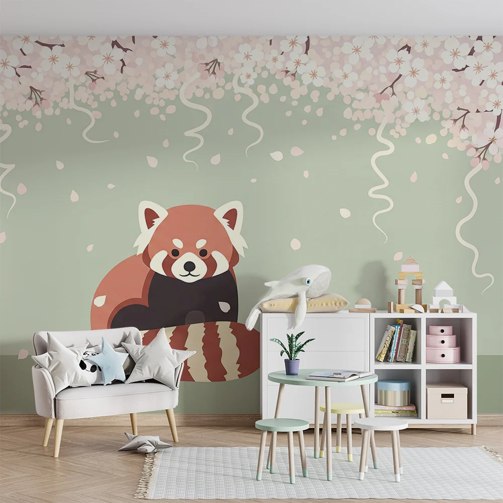 Tapety dla dzieci | Czerwony panda pod kwitnącą wiśnią na tle szałwiizielonym