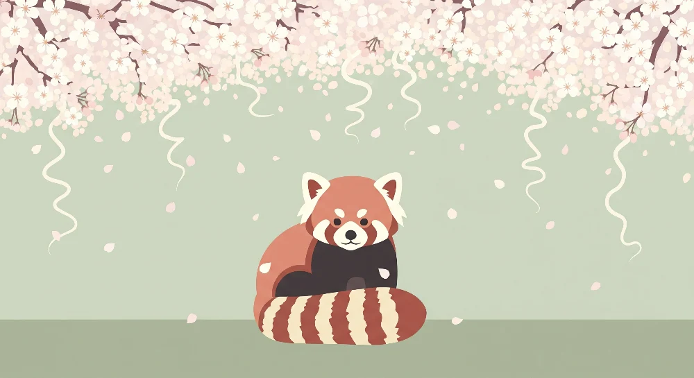 Tapety dla dzieci | Czerwony panda pod kwitnącą wiśnią na tle szałwiizielonym