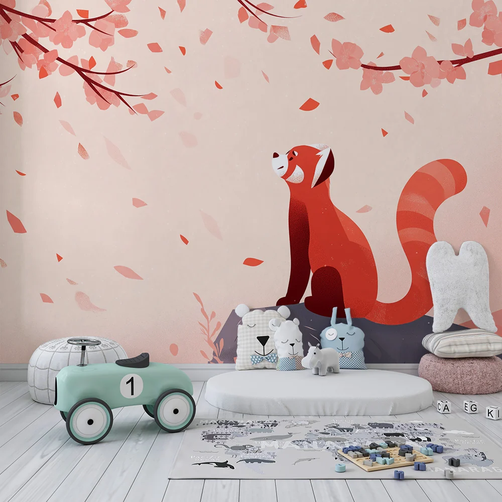 Tapety dla dzieci | Czerwony panda pod kwitnącymi wiśniami