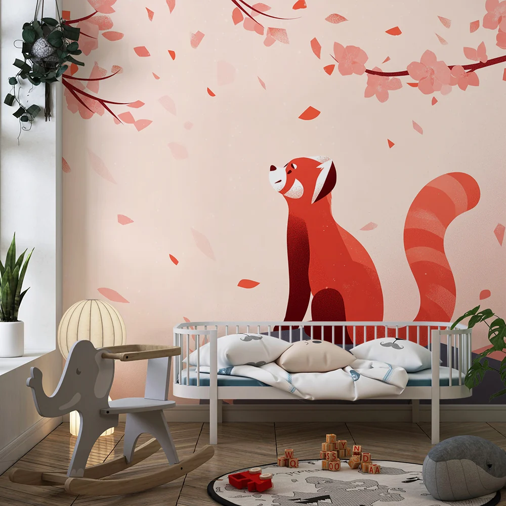 Tapety dla dzieci | Czerwony panda pod kwitnącymi wiśniami