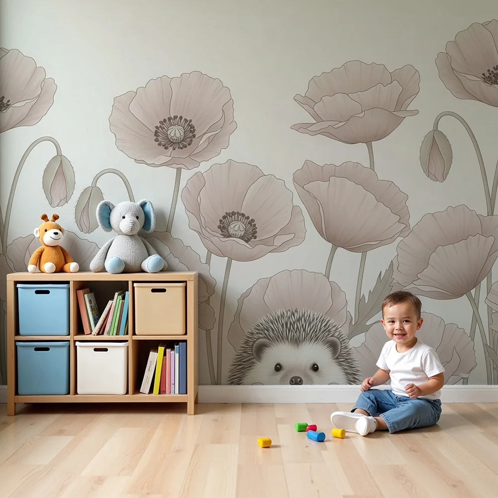 Tapety dla dzieci | Jeż i delikatne makowe kwiaty
